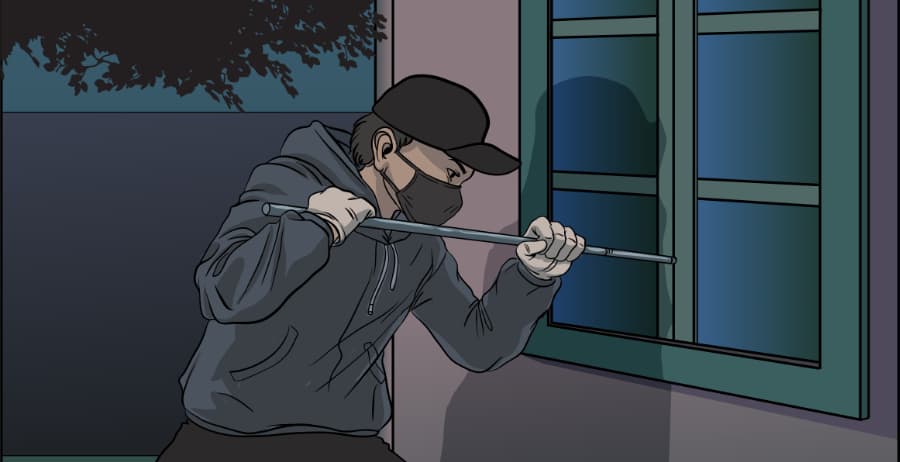 Illustration of burglar forcing entry through a window in Long Beach